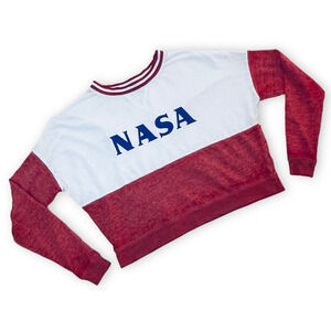 🍀Fifth Sun Nasa Women's Red White Color Block Crew Neck Cropped Knit Top Size S